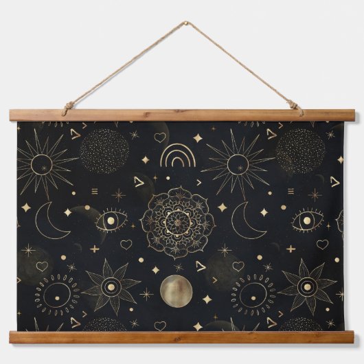 Boho Gold Space doodles Black Design Wandteppich Mit Holzrahmen (Vorne)
