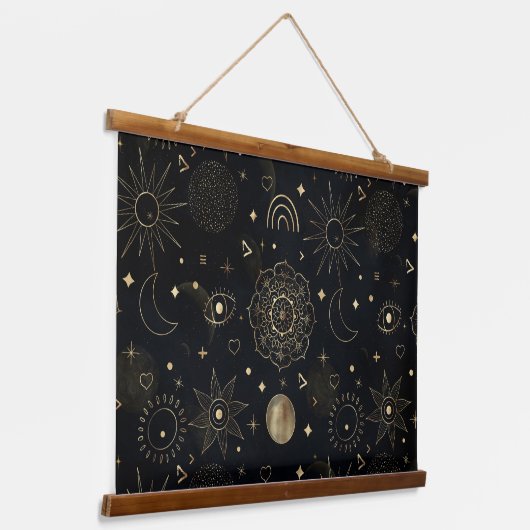 Boho Gold Space doodles Black Design Wandteppich Mit Holzrahmen (Gewinkelt)