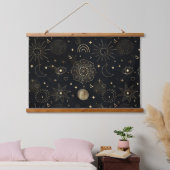 Boho Gold Space doodles Black Design Wandteppich Mit Holzrahmen (Schlafzimmer)