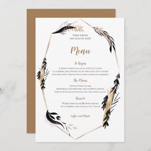 Boho Gold und Black Feather Blätter Rahmen Wedding Menükarte (Vorne/Hinten)