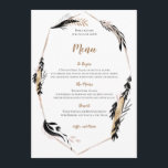 Boho Gold und Black Feather Blätter Rahmen Wedding Menükarte<br><div class="desc">Ein elegantes Design aus goldfarbenen und schwarzen Federn,  das einen geometrischen Rahmen schmückt und an die Typografie grenzt. Text ist leicht personalisiert und die Hintergrund- und Textfarben können auf Wunsch geändert werden. Die Hintergrundfarbe auf der Rückseite kann bei Bedarf über den weiteren Anpassungslink geändert werden.</div>