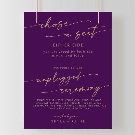 Boho Gold und Lila Sitze Unplugged Zeremony Sign Poster