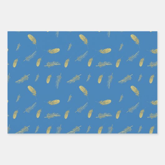 Boho Golden Feathers French Blue Geschenkpapier Set (Vorderseite 3)