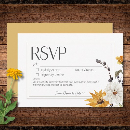 Boho Golden Yellow Meadow Blume Gold No Dinner RSVP Karte