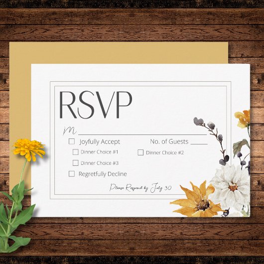 Boho Golden Yellow Meadow Blume Goldenes Abendesse RSVP Karte