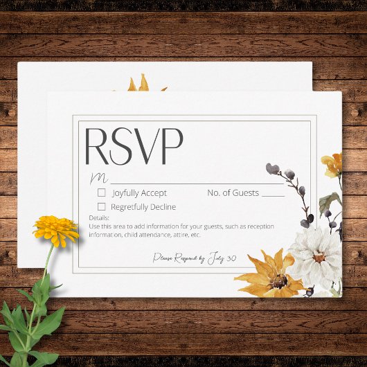 Boho Golden Yellow Meadow Blume Weiß Kein Abendess RSVP Karte