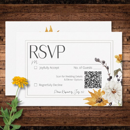 Boho Golden Yellow Meadow Blume White QR Code RSVP Karte