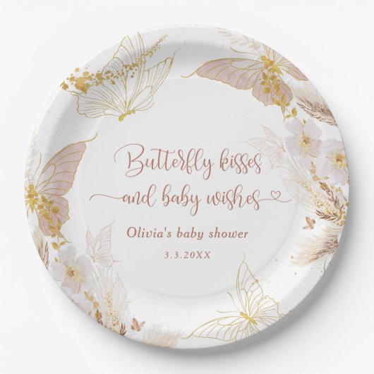 Boho Goldfolie Schmetterling küsst Babydusche Pappteller (Vorderseite)