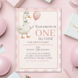 Boho Goose Birthday 1st for Girl – Pink Tartan  Einladung