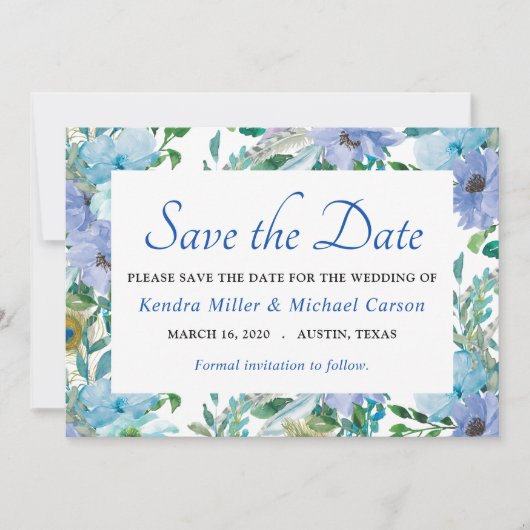 Boho Gorgeous Sapphire Blue Floral Save the Date (Vorderseite)