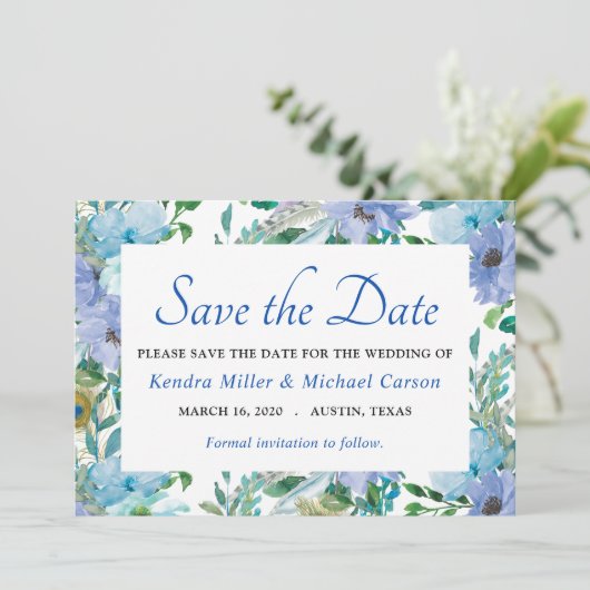 Boho Gorgeous Sapphire Blue Floral Save the Date (Stehend Vorderseite)