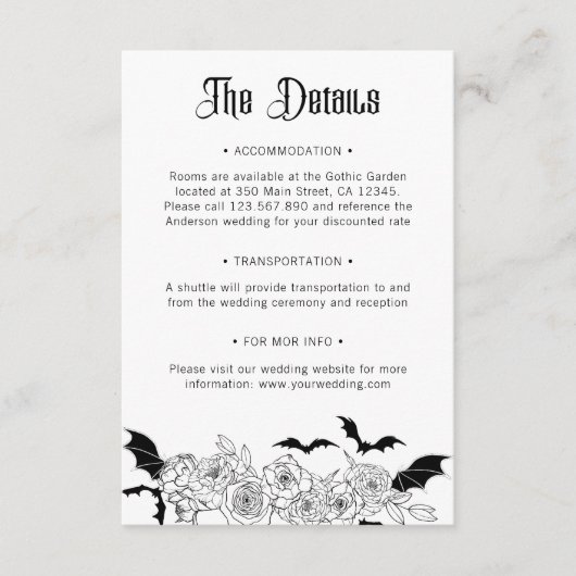 Boho Gothic Botanical Wedding Details Begleitkarte (Vorderseite)