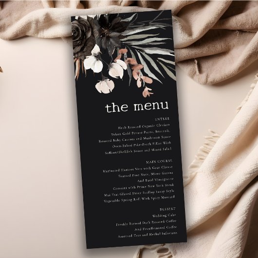 Boho Gothic Rust Black Botanical Wedding Menu Card Einladung
