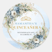 Boho Graceful Pale Blue Gold Greenery Quinceañera Runder Aufkleber (Vorderseite)