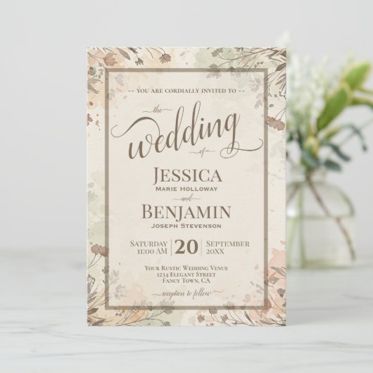 Boho Grasses & Wildflowers Stylish Script Wedding Einladung (Stehend Vorderseite)