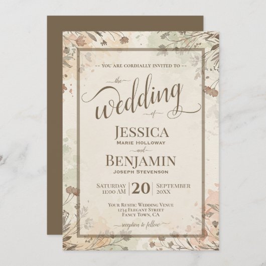 Boho Grasses & Wildflowers Stylish Script Wedding Einladung (Vorne/Hinten)