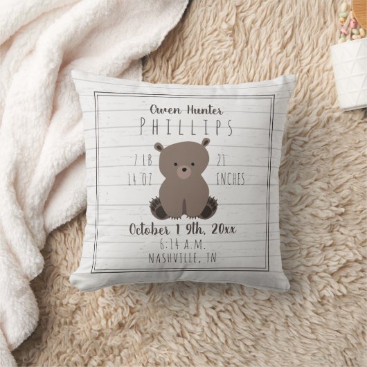 Boho graue Bear Cub Baby Boy Birth Stats Kissen (Decke)