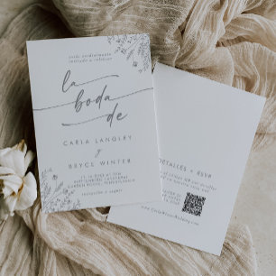 Boho Graue Wildblumen-QR-Code Spanische Hochzeit Einladung