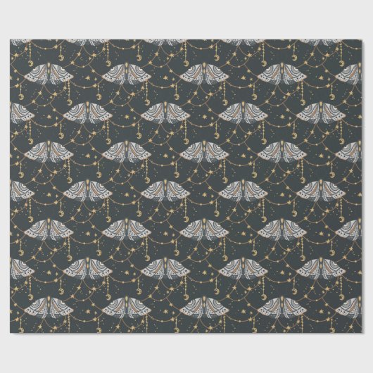 Boho Gray Celestial Moth Pattern Geschenkpapier (Flach)
