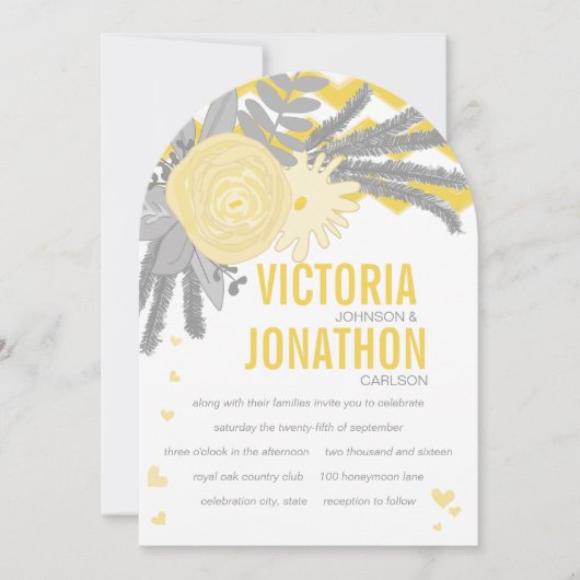 Boho Gray Yellow Zigzag Typografy Wedding Einladung (Vorderseite)