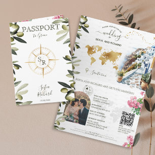Boho Greece Hochzeit in Urlaubsort Passport QR Cod Einladung