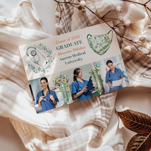 Boho Green 3 Foto Watercolor Nursing School Gradu Ankündigung