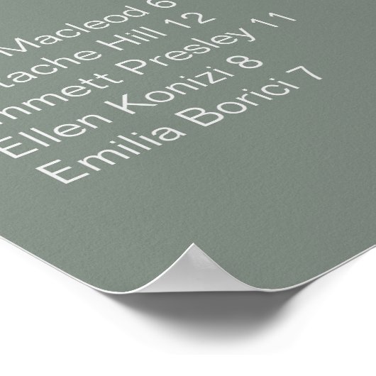 Boho Green Alphabetical Wedding Seating Chart Poster (Ecke)