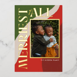 Boho Green and Red Swirt Foto Foil Holiday Card Folien Feiertagskarte