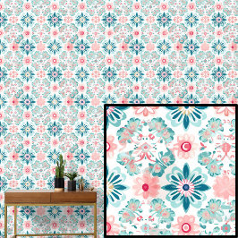 Boho Green Aqua Pink Blume Abstrakt Tapete