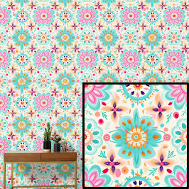 Boho Green Aqua Pink Blume Abstrakt Tapete
