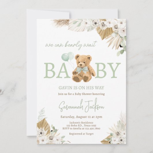 Boho Green Bear Baby Dusche Einladung (Vorderseite)