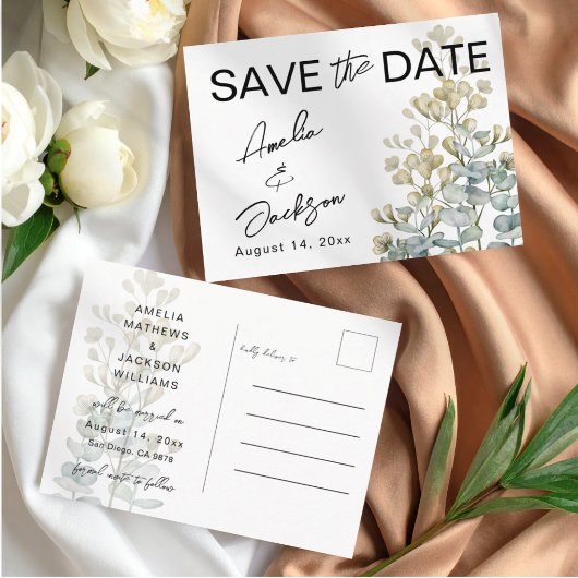 Boho Green & beige Botanical Save the Date Ankündigungspostkarte