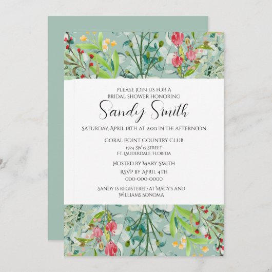 Boho Green Blätter and Wildblumen Brautparty Einladung (Vorne/Hinten)