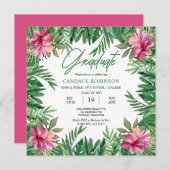 Boho Green Blätter | Pink Hibiskus Graduation Part Einladung (Vorne/Hinten)