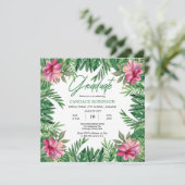 Boho Green Blätter | Pink Hibiskus Graduation Part Einladung (Stehend Vorderseite)