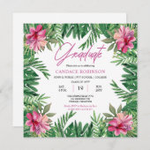 Boho Green Blätter | Pink Hibiskus Graduation Part Einladung (Vorne/Hinten)