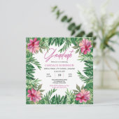Boho Green Blätter | Pink Hibiskus Graduation Part Einladung (Stehend Vorderseite)
