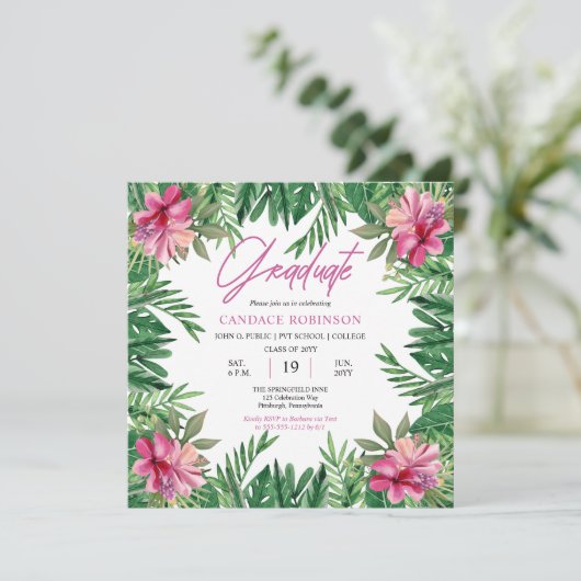 Boho Green Blätter | Pink Hibiskus Graduation Part Einladung (Stehend Vorderseite)