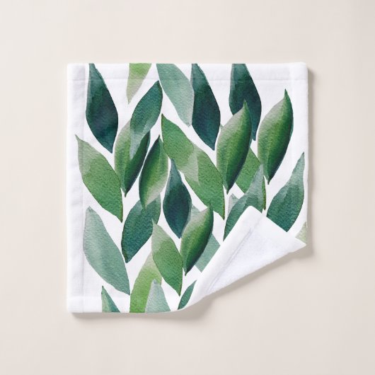 Boho Green Blätter Wasserfarbe Handgemalt Badhandtuch Set (Waschlappen)