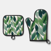 Boho Green Blätter Wasserfarbe Handgemalt Ofenhandschuh & Topflappen-Set (Vorderseite)