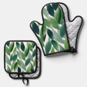 Boho Green Blätter Wasserfarbe Handgemalt Ofenhandschuh & Topflappen-Set (Vorderseite/Rückseite)