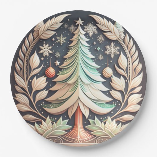 Boho Green Christmas Tree Illustration Pappteller (Vorderseite)