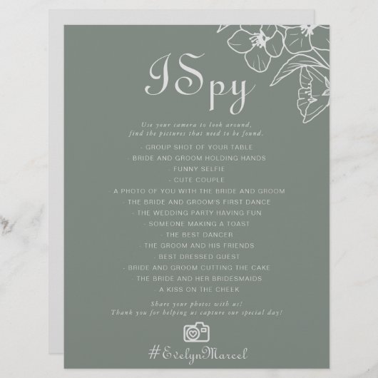 Boho Green Destination Floral I Spy Wedding Game (Vorne/Hinten)