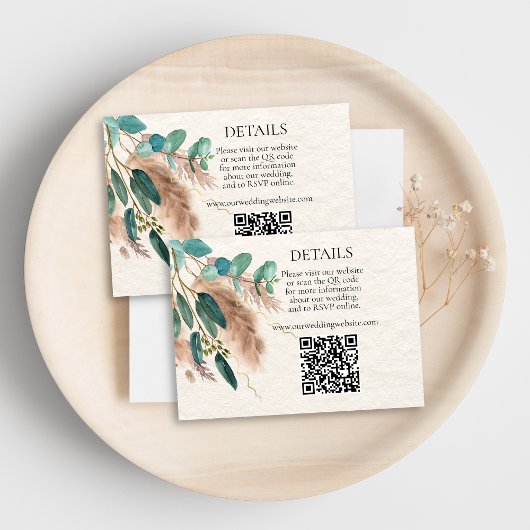 Boho Green Eucalyptus Pampas Grass QR Code Wedding Begleitkarte