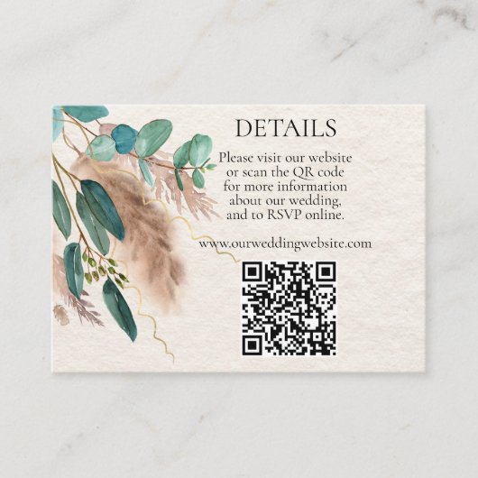 Boho Green Eucalyptus Pampas Grass QR Code Wedding Begleitkarte (Vorderseite)