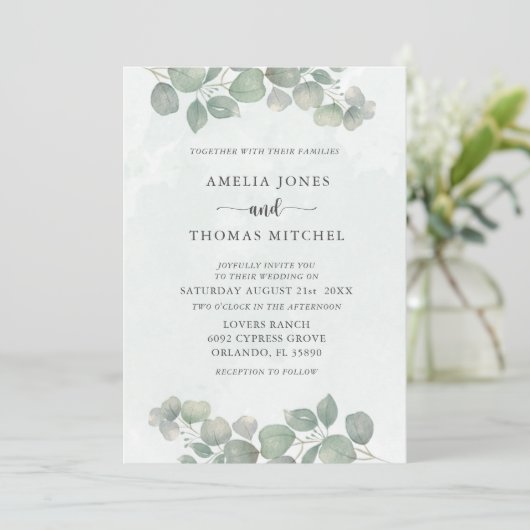 Boho Green Eucalyptus Watercolor Wedding Einladung (Stehend Vorderseite)