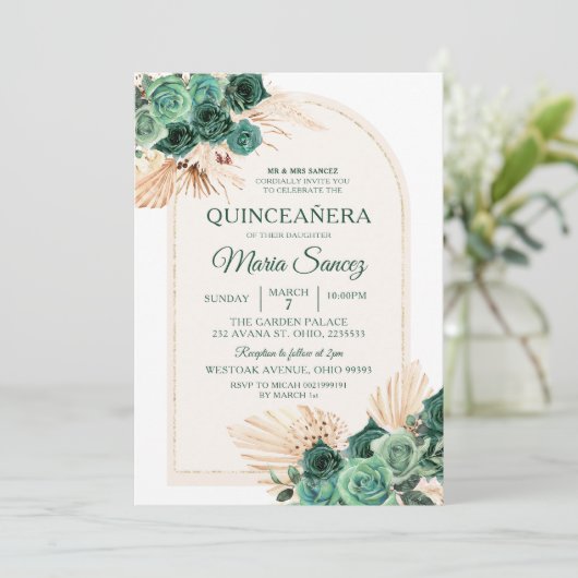 Boho Green Floral Mexican Quinceañera Einladung (Stehend Vorderseite)