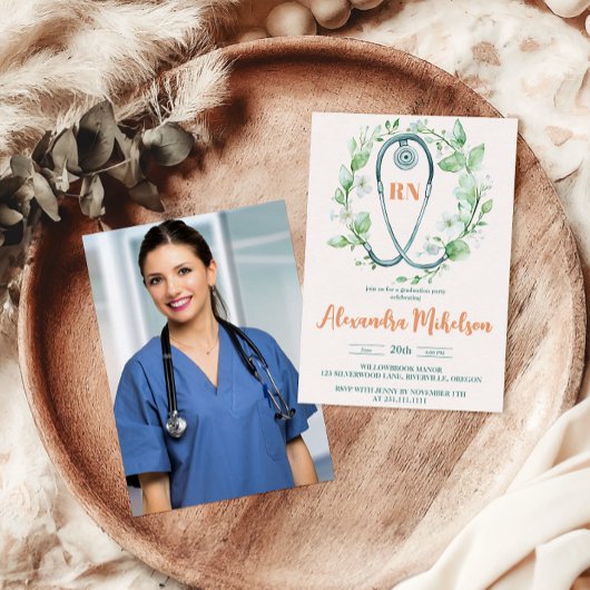 Boho Green Foto Watercolor Nursing School Gradua Einladung