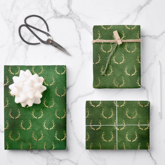 Boho Green Gold Antlers Weihnachten Geschenkpapier Set (Vorderseite)