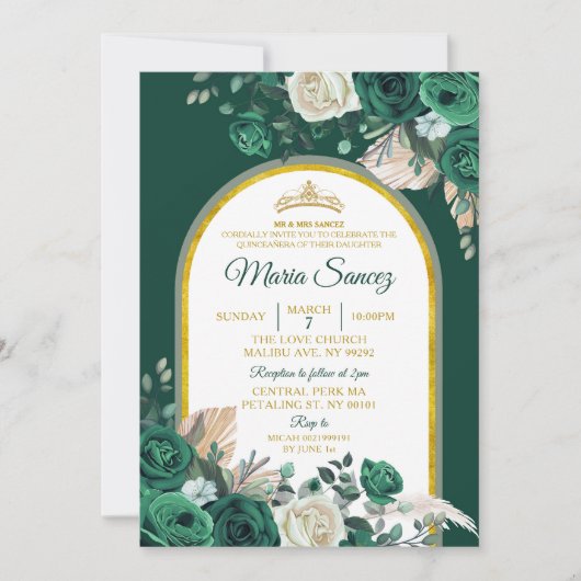 Boho Green Gold Floral Mexican Quinceañera Einladung (Vorderseite)